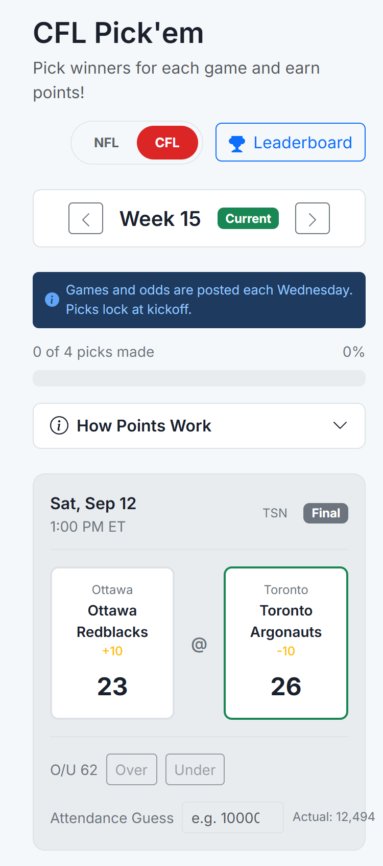 CFL pick'em weekly slate showing the Ottawa Redblacks at Toronto Argonauts final score, spread and over/under pick
